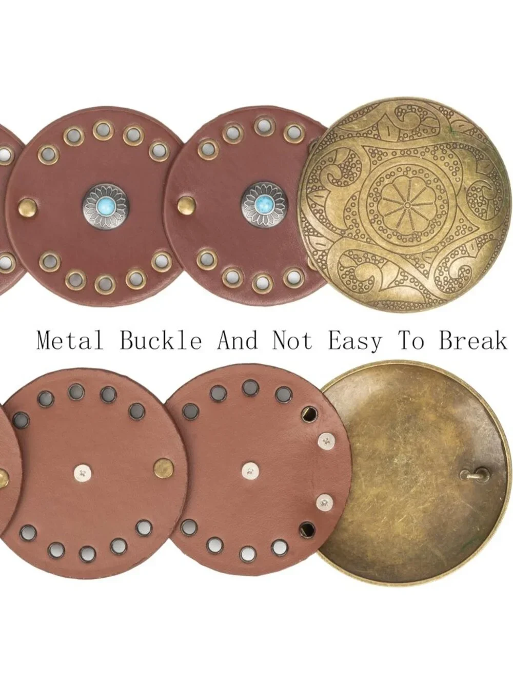Women Brown & Gold Wide Western Disc Belt Cowgirl Boho-Concho Leather Belt
